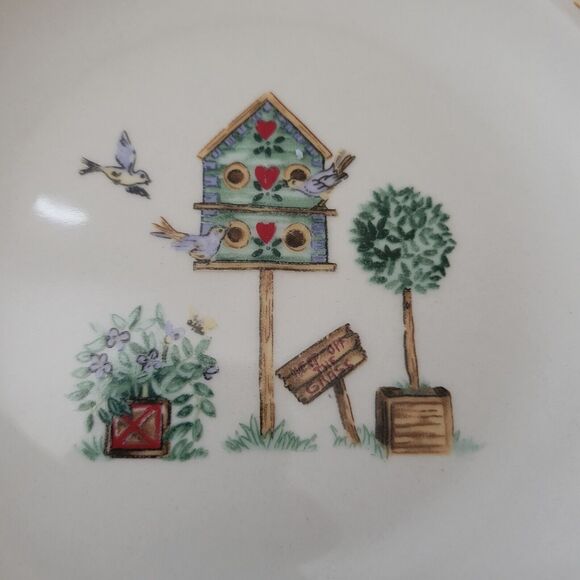 Thomson Pottery Birdhouse Bread Plates 6 3/8 Birds Red Hearts Blue Jay  set of 5 - Picture 2 of 5